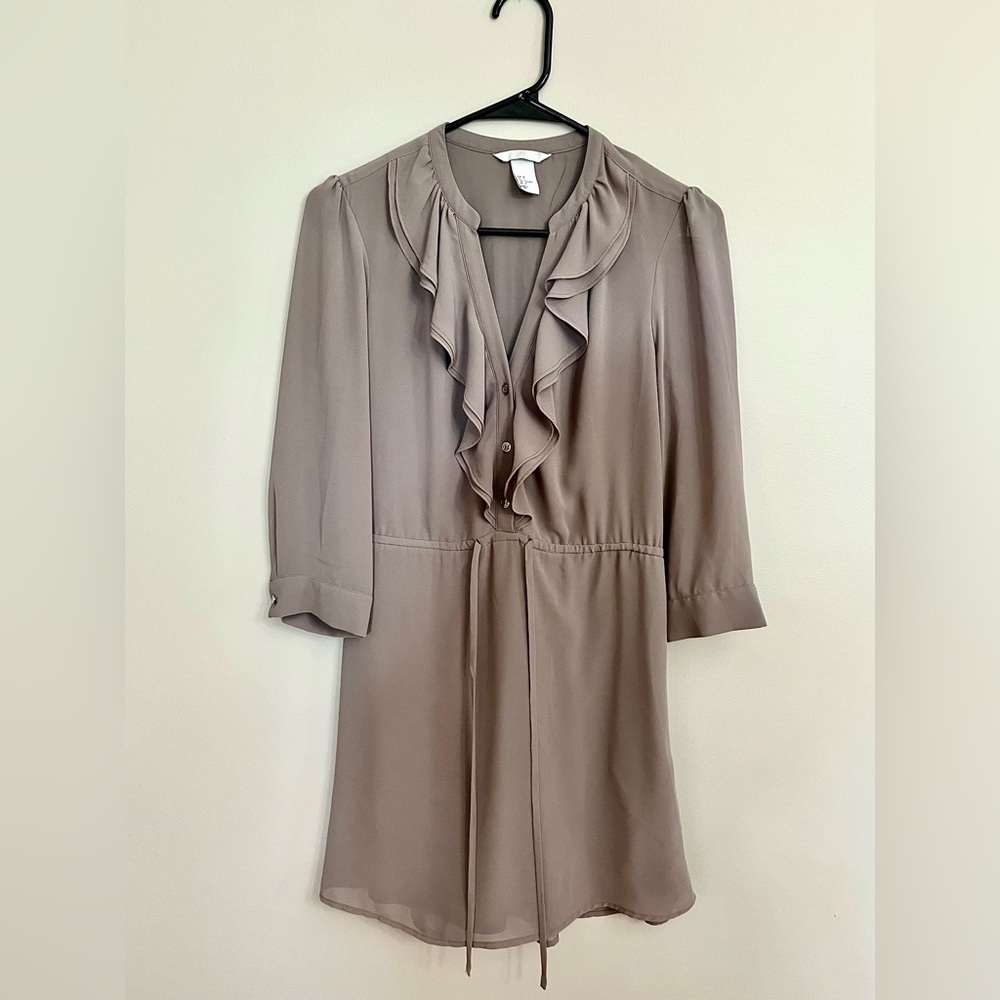 Taupe Ruffle Detail Work Dress with Tie Waist